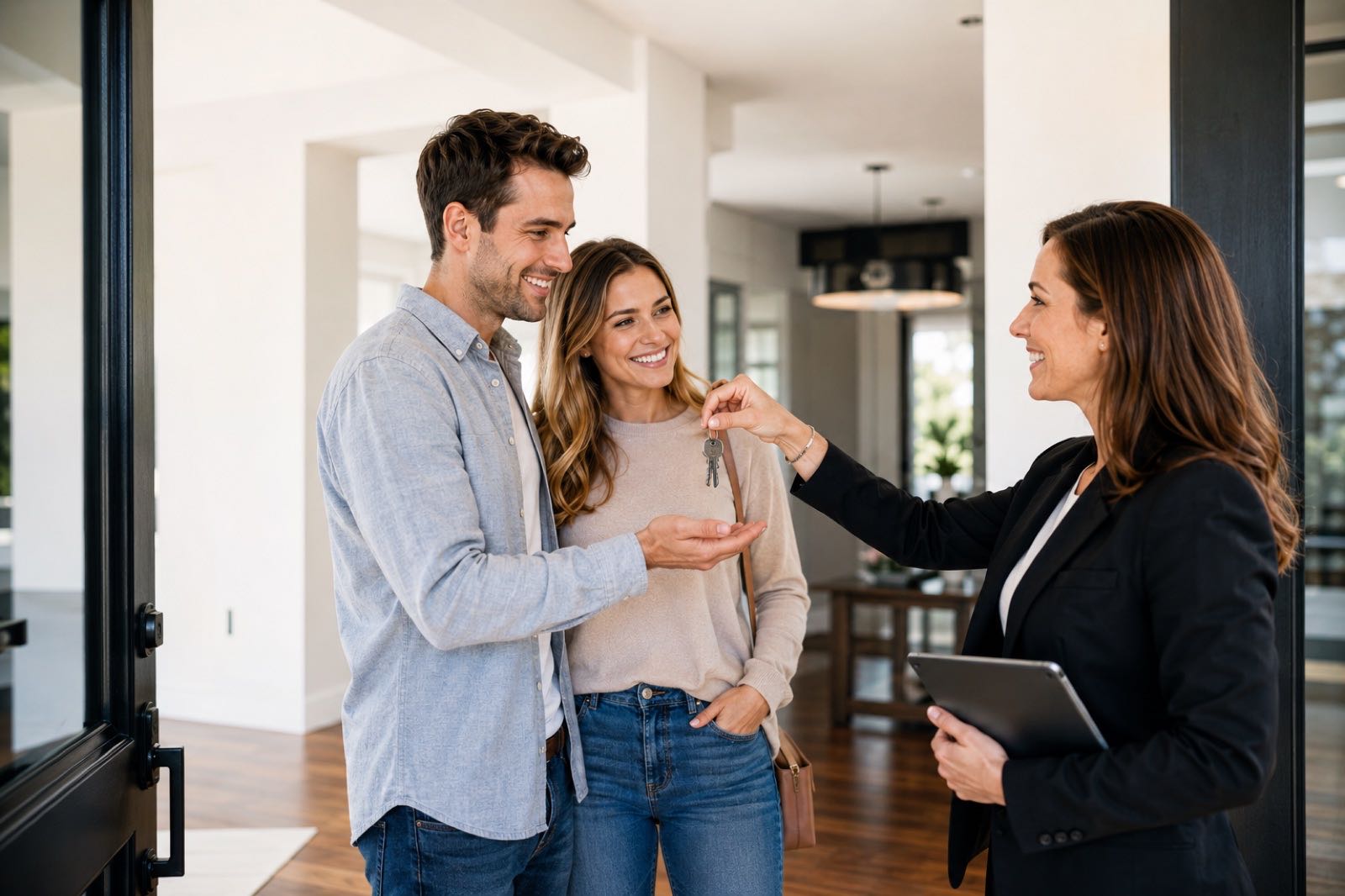 A Minnesota lake agent handing keys to happy new homeowners