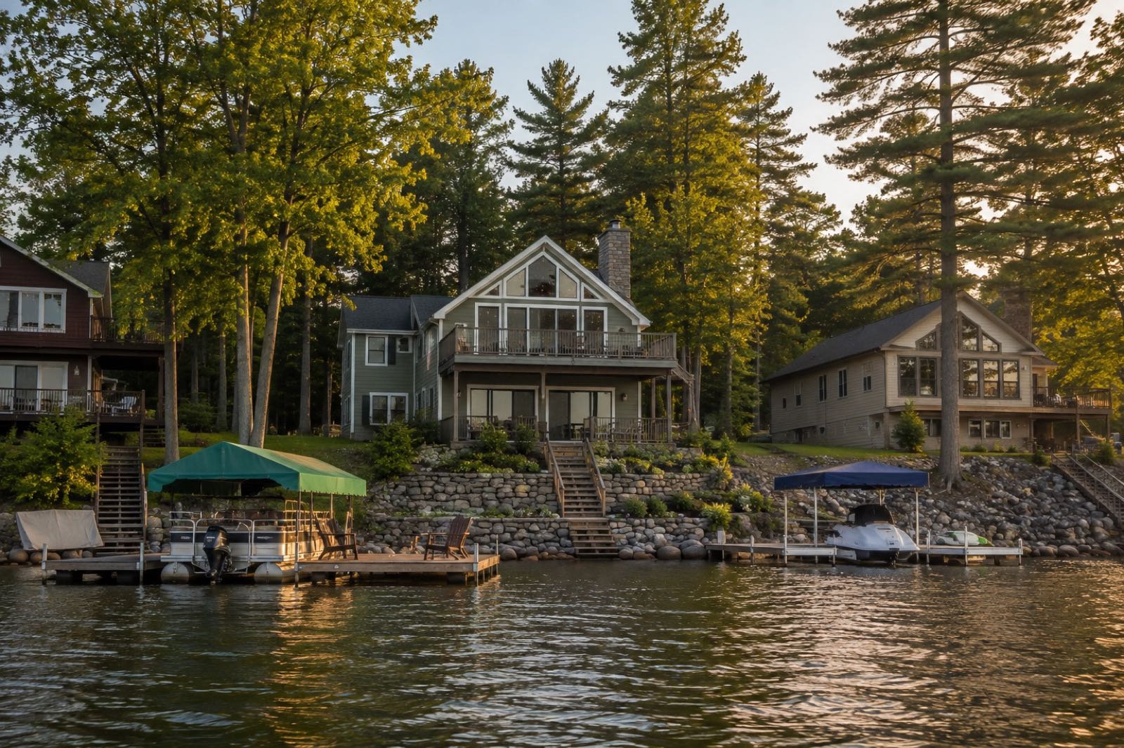 Minnesota lakeside homes and boats along the shoreline