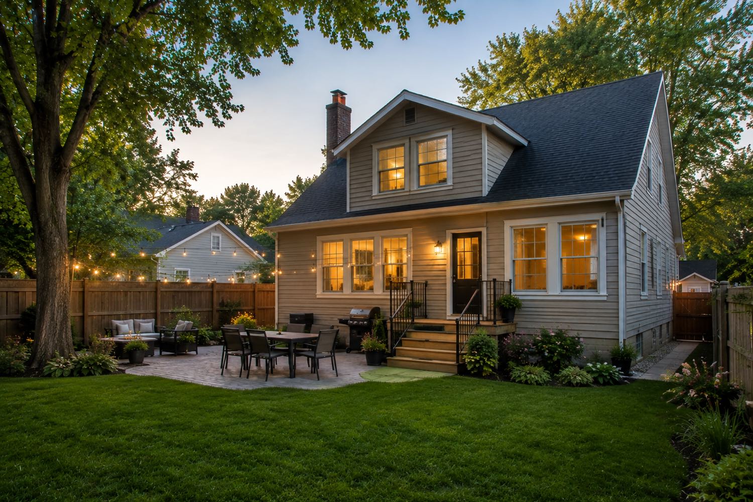 Minnesota lake home backyard at dusk with string lights