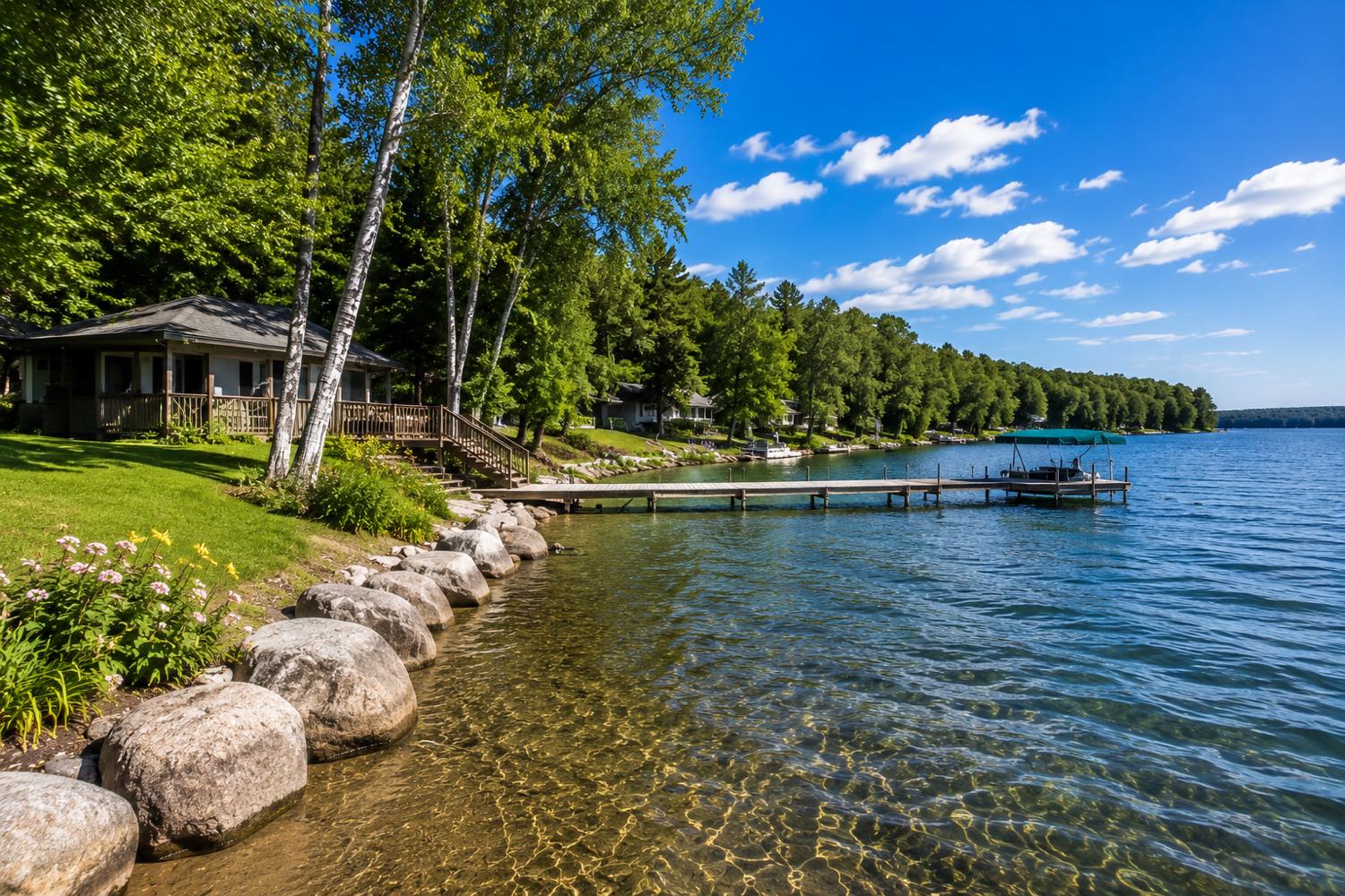 Clear-water Minnesota lakeshore with a dock