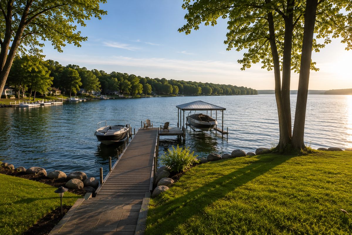 Dock with boats on a Minnesota lake at golden hour