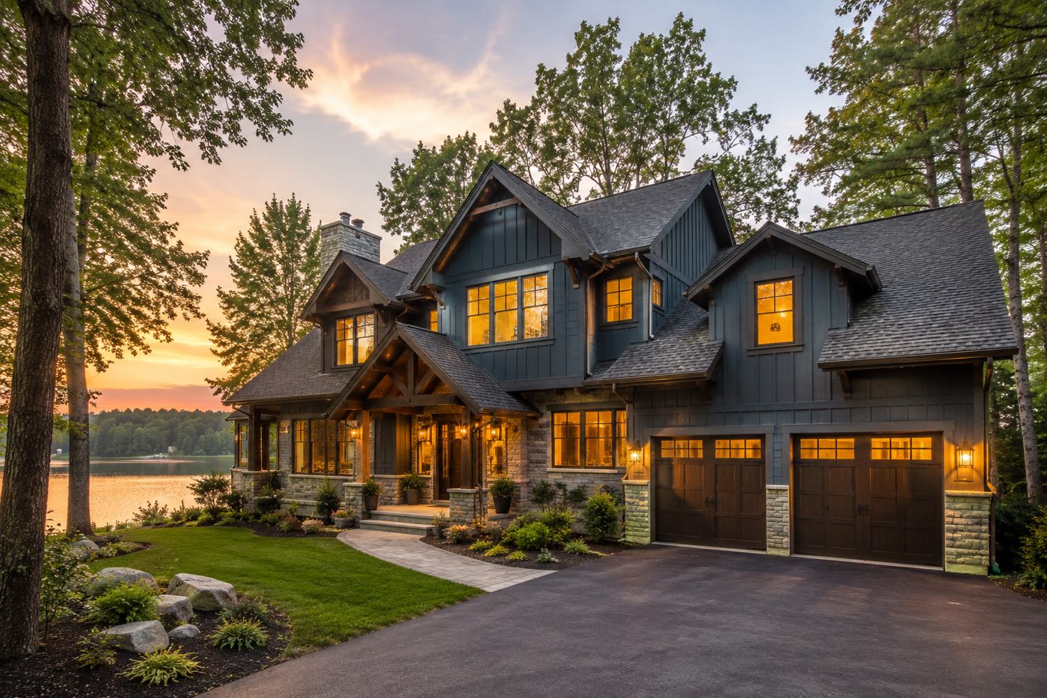 Minnesota lake home at dusk with warm-lit windows