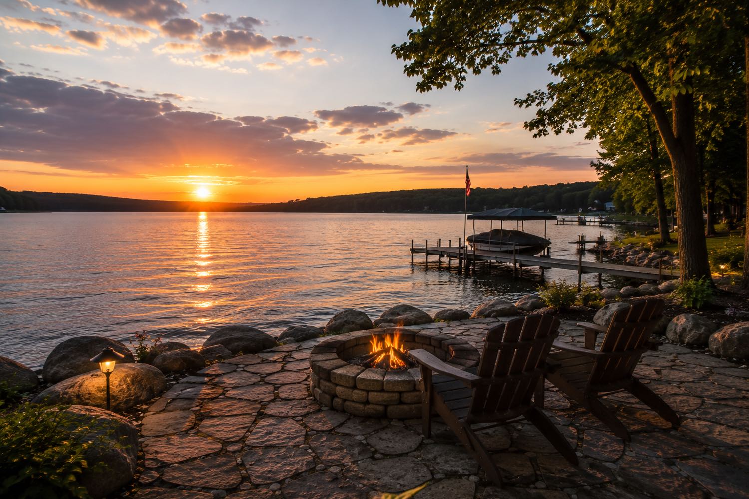 Sunset over a Minnesota lake with a dockside fire pit