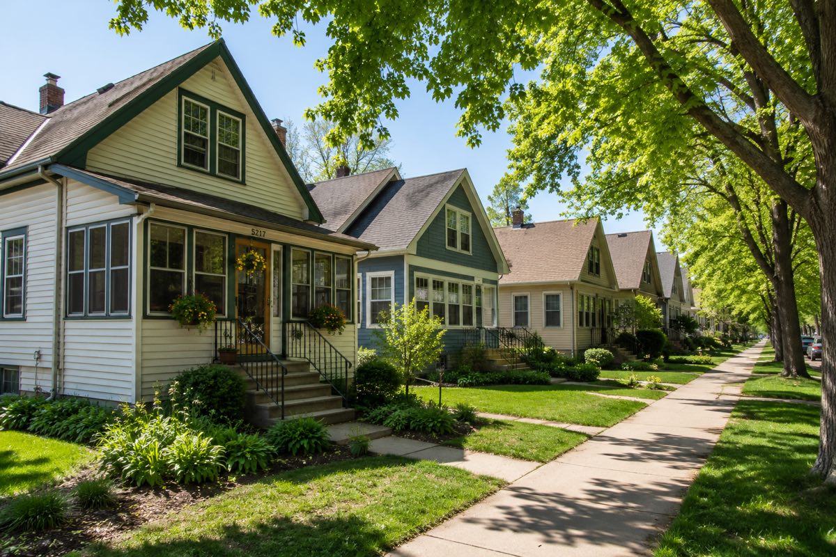 Tree-lined street of Minnesota lake-town homes