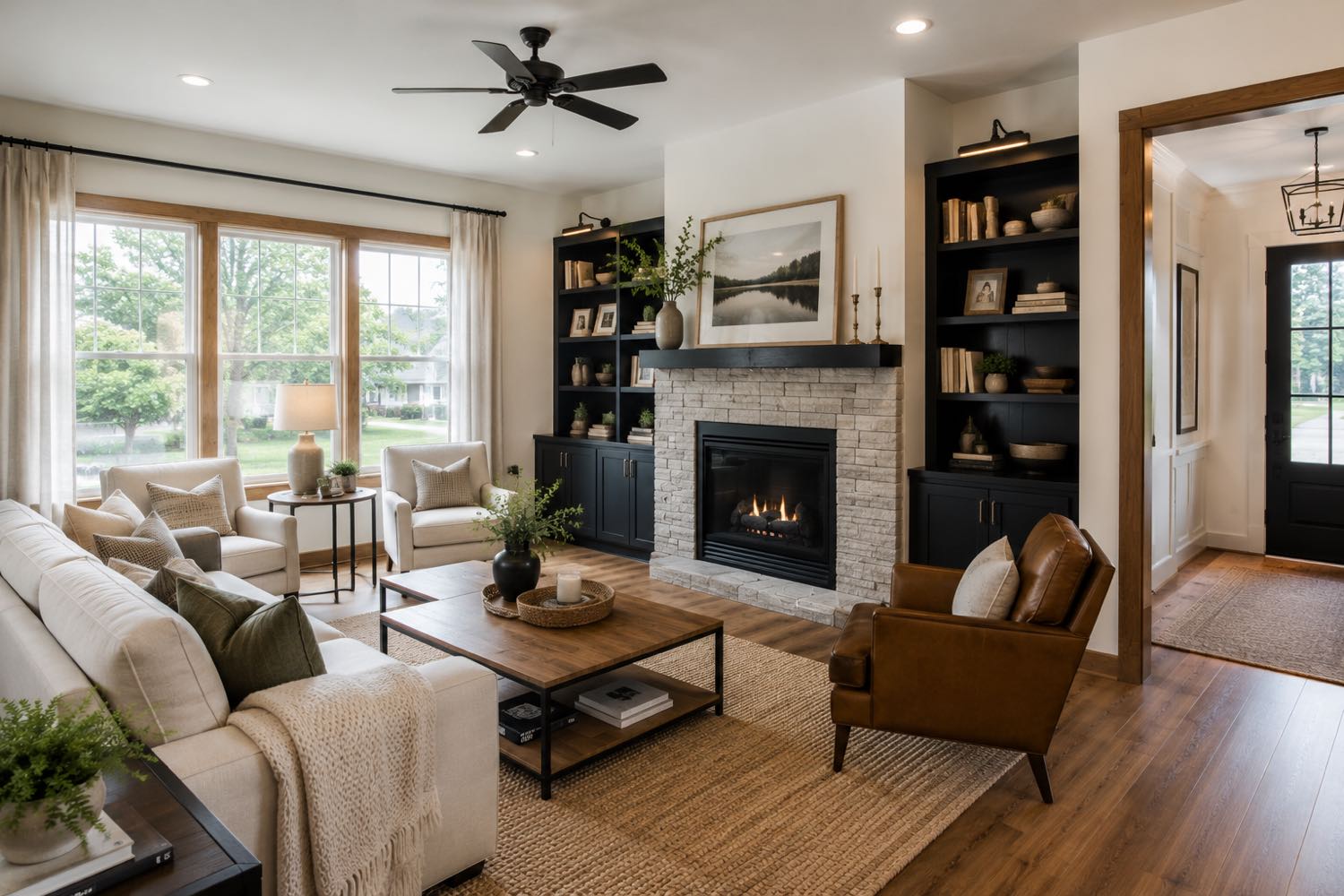 Cozy Minnesota lake home living room with a stone fireplace