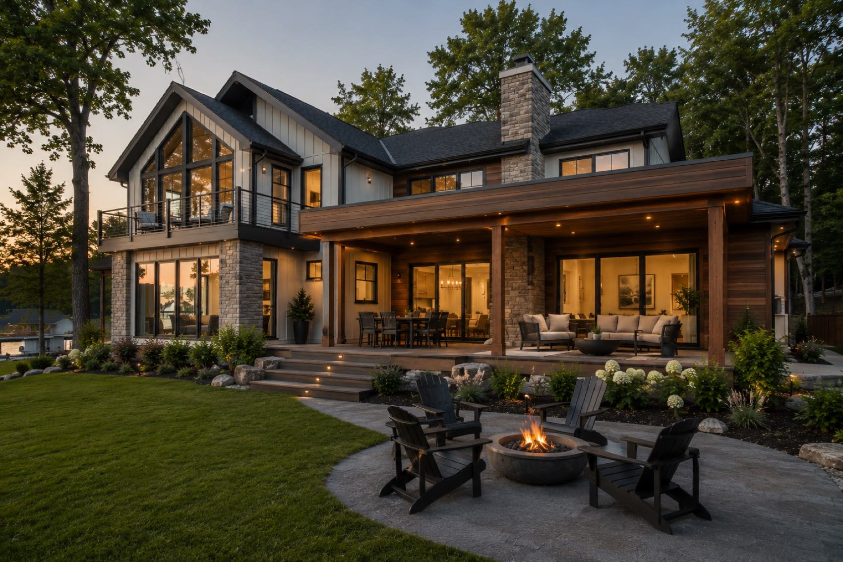 Modern Minnesota lake home at dusk