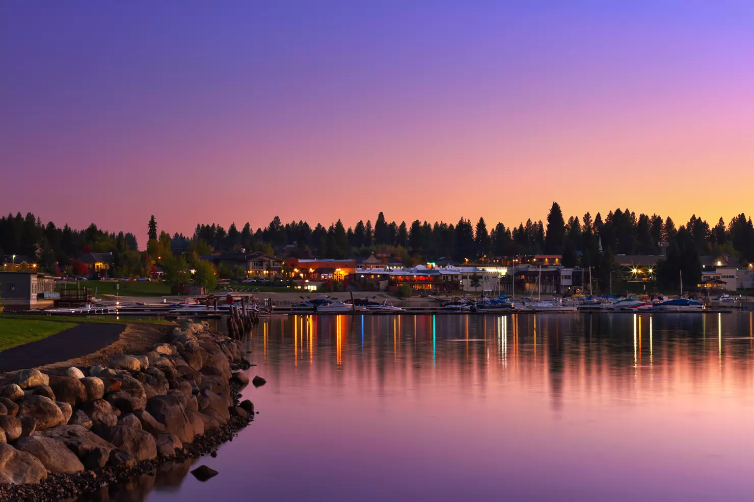 Minnesota marina at purple sunset — prime property value time