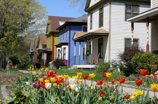 Charming Minnesota neighborhood with spring tulips